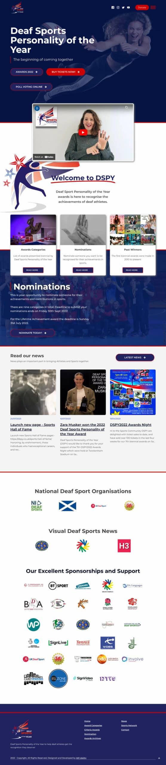A website design with a blue and red background.