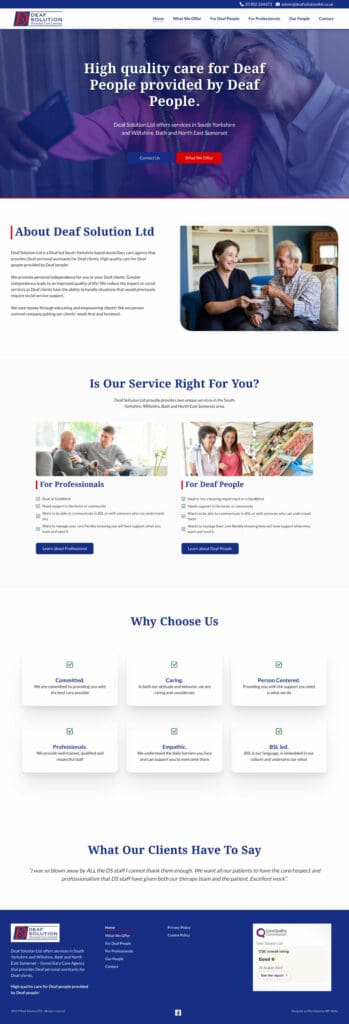 A blue and white website design for a support service company.